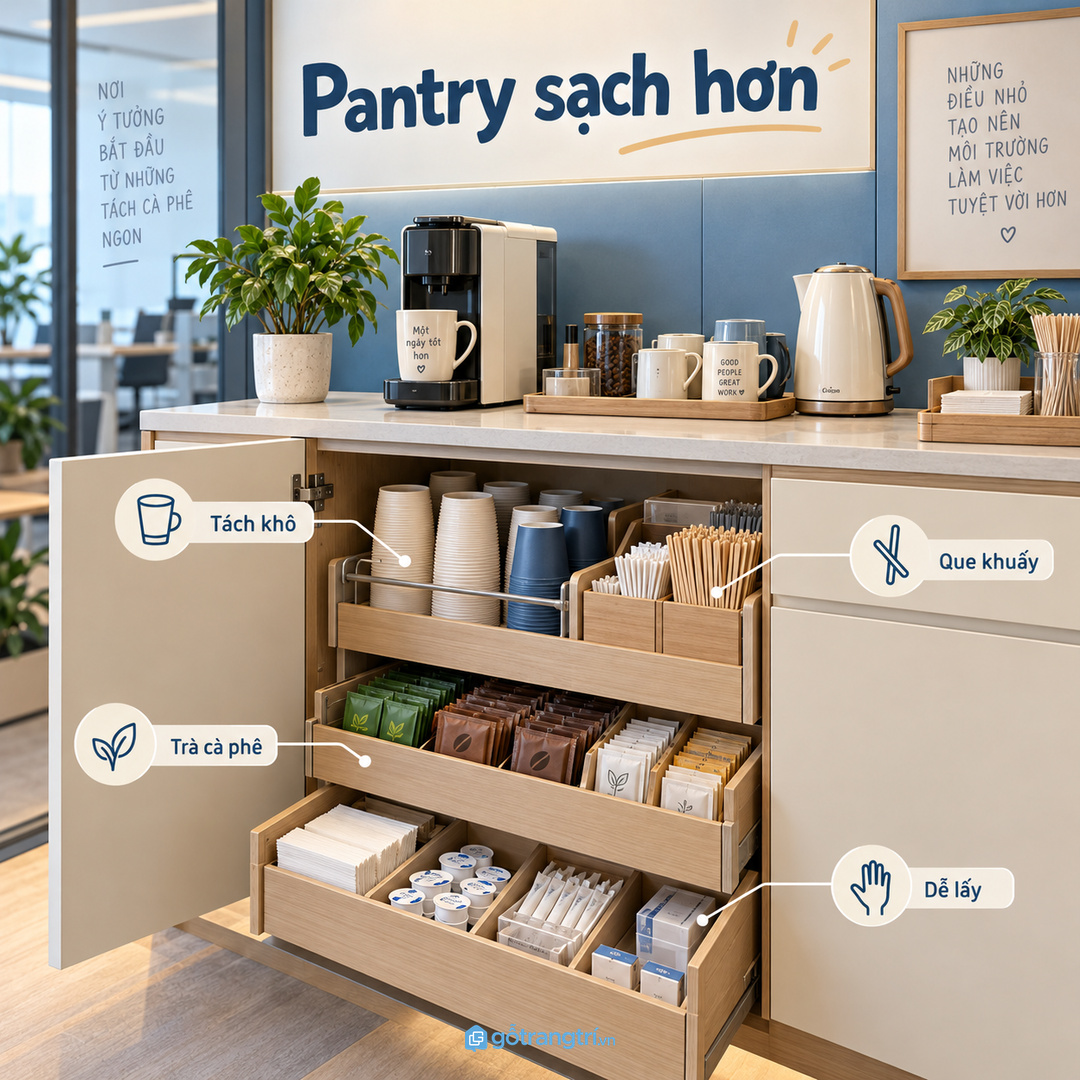 Khoang rác nhỏ và vật tư thay mới cần tách rõ để pantry luôn sạch
