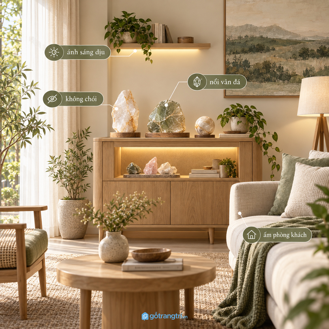 Ánh sáng dịu giúp đá thạch anh nổi bật mà không làm phòng khách chói