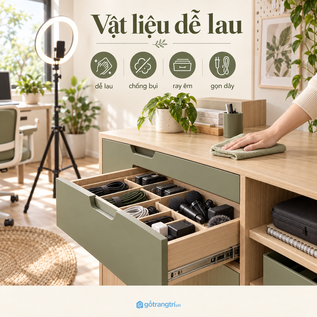 Vật liệu dễ lau cánh tủ gọn và ray kéo êm giúp góc quay vận hành nhẹ hơn