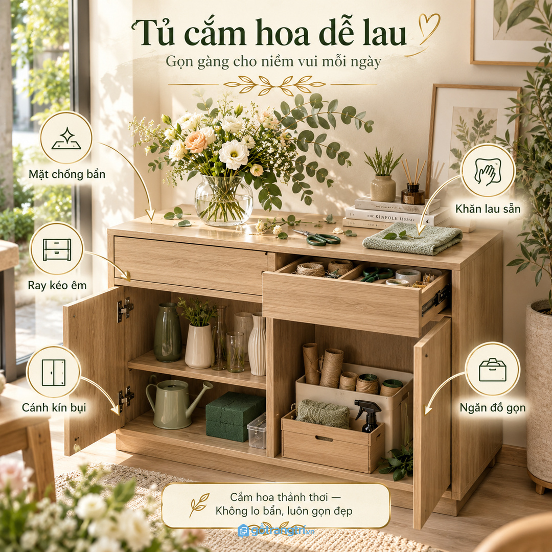 Vật liệu dễ lau ray kéo êm và cánh kín giúp tủ cắm hoa gọn lâu