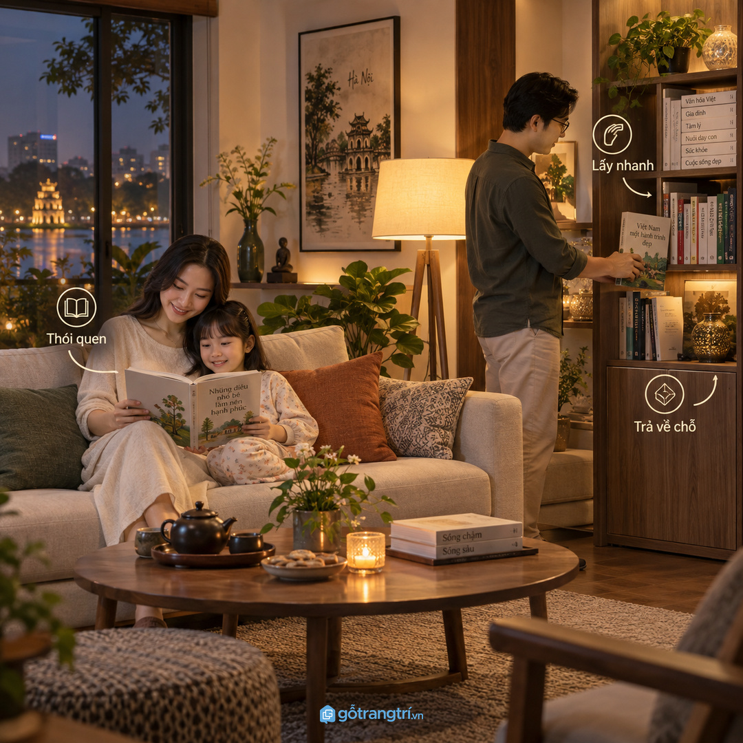 Vật liệu dễ lau màu nhẹ giúp phòng khách nhỏ không bị nặng