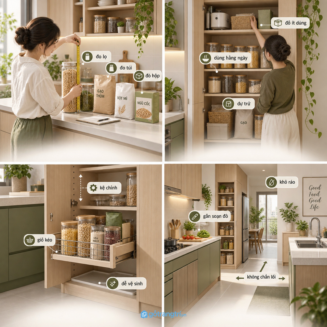 Kệ chỉnh và giỏ kéo giúp tủ đồ khô dễ vệ sinh hơn
