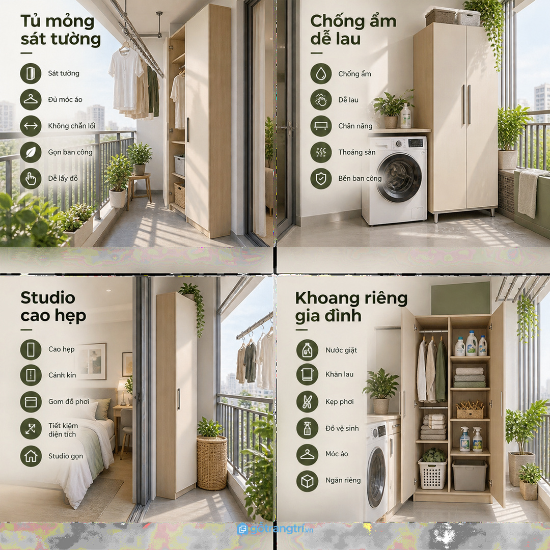 Căn hộ studio hợp tủ cao hẹp để gom đồ phơi sau cánh kín