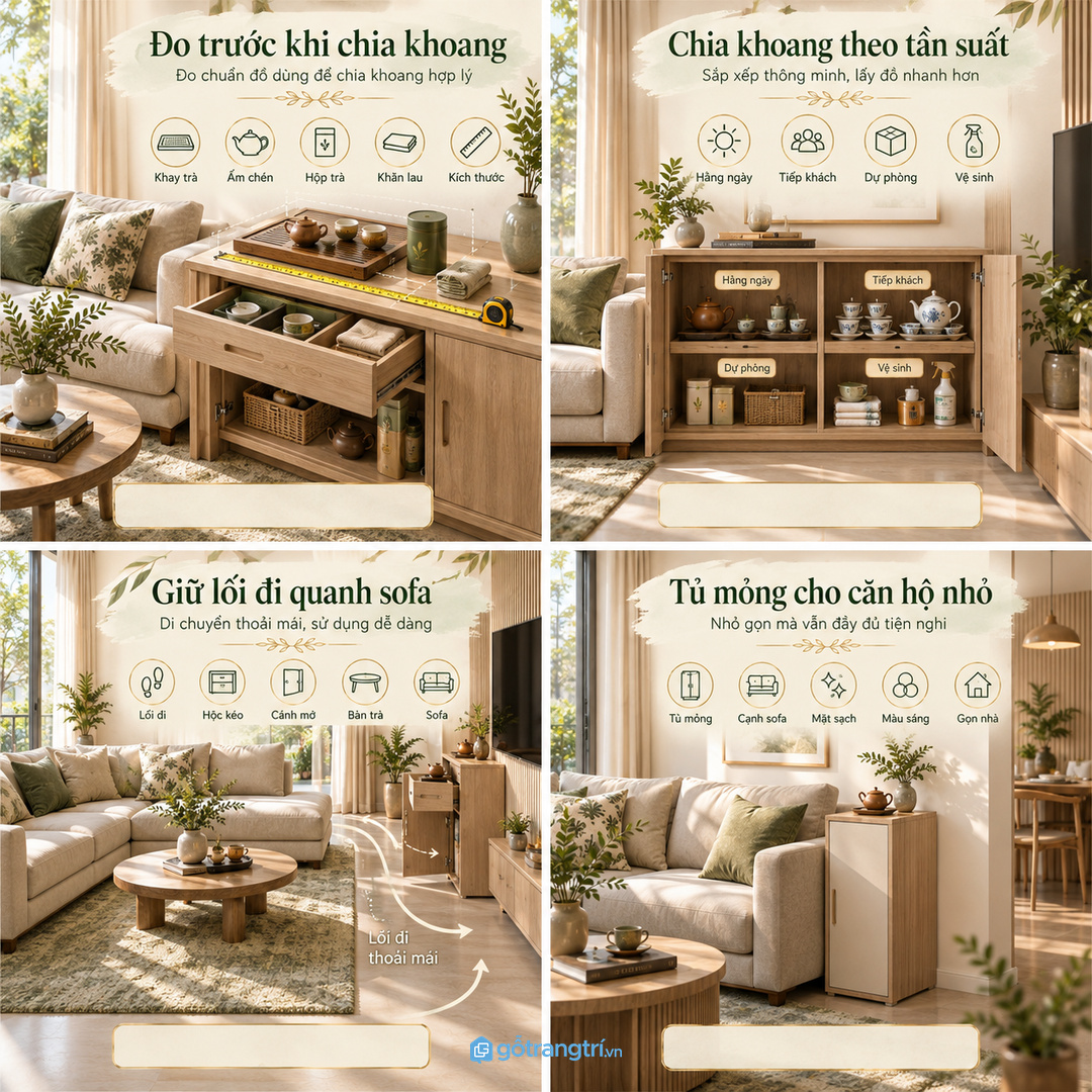 Tủ thấp hộc kéo hoặc module cạnh sofa giúp lấy nhanh khi có khách