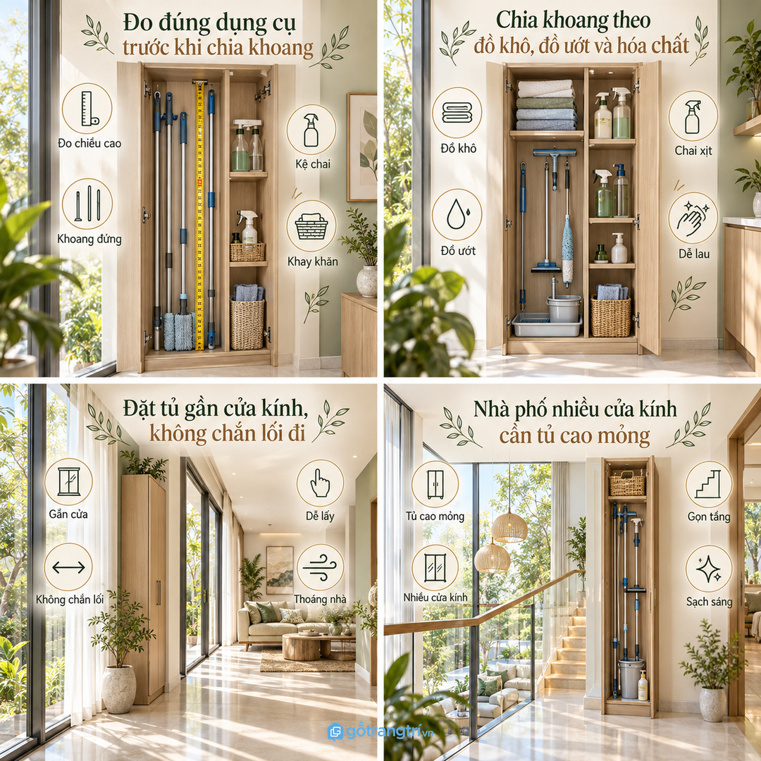 Đặt tủ gần cửa kính nhưng không chắn lối đi trong nhà phố nhỏ