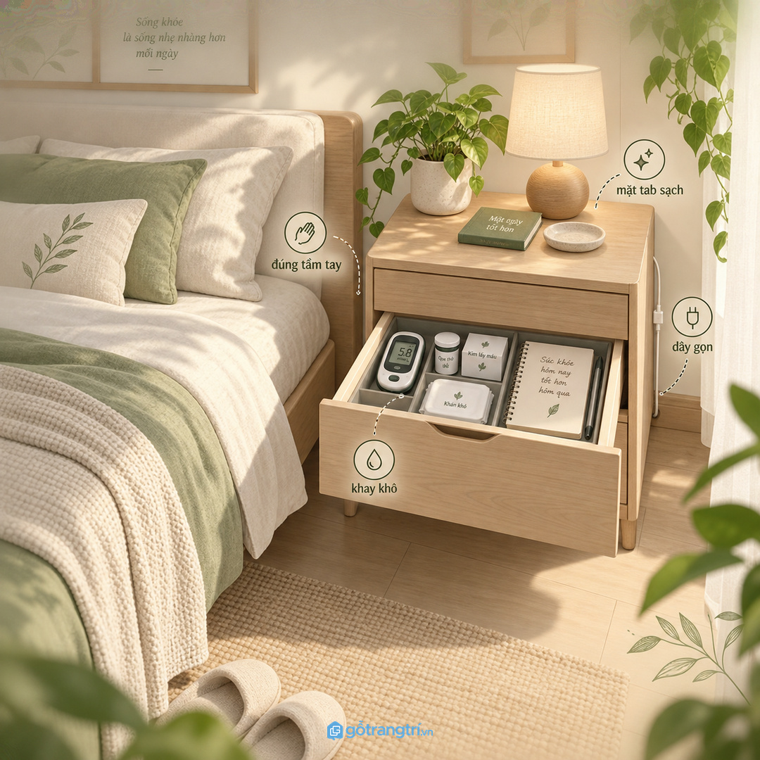 Kệ mỏng hoặc tab có hộc kín giữ lối đi cạnh giường thoáng