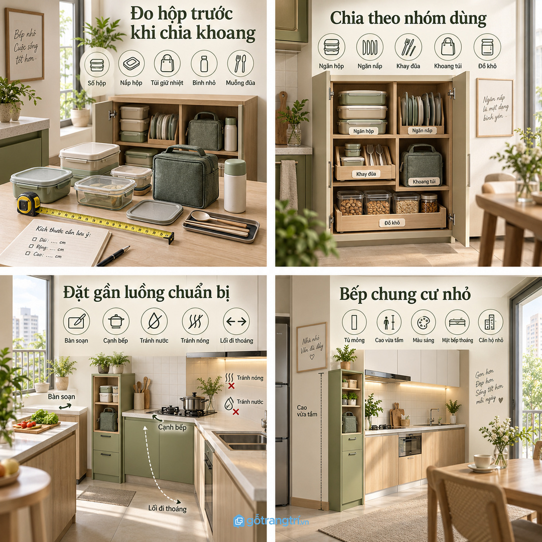 Vị trí tủ nên gần khu chuẩn bị nhưng tránh hơi nóng trực tiếp