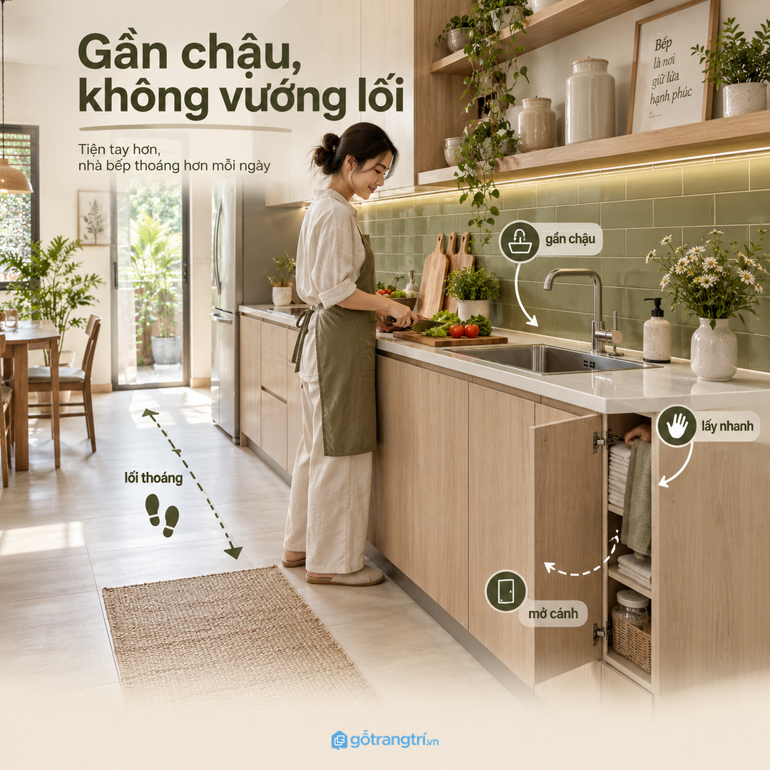 Vị trí tủ khăn bếp nên gần khu rửa sơ chế nhưng không cản lối nấu