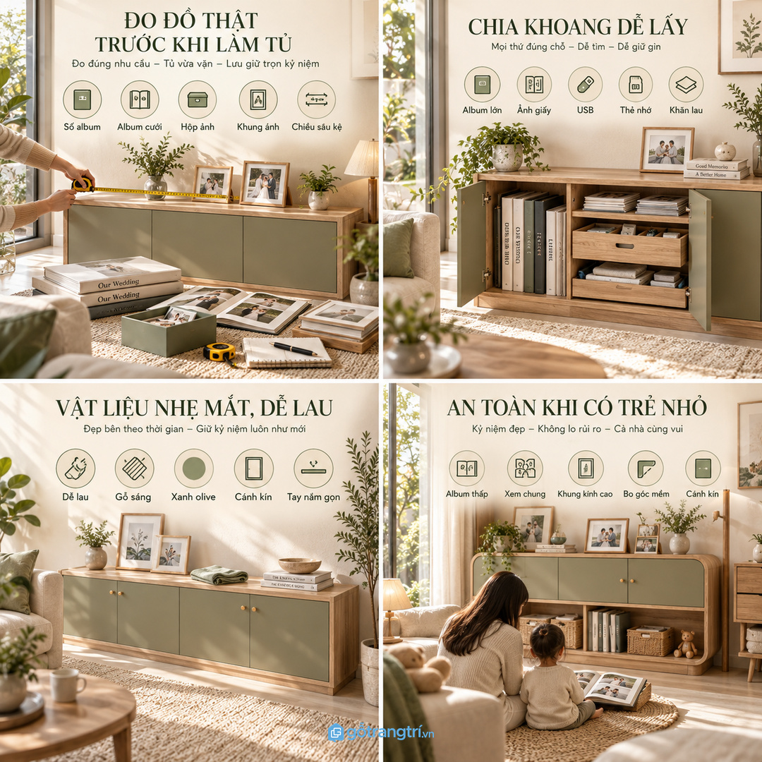 Màu gỗ sáng và cánh phẳng giúp kỷ vật nổi bật mà phòng khách vẫn nhẹ mắt