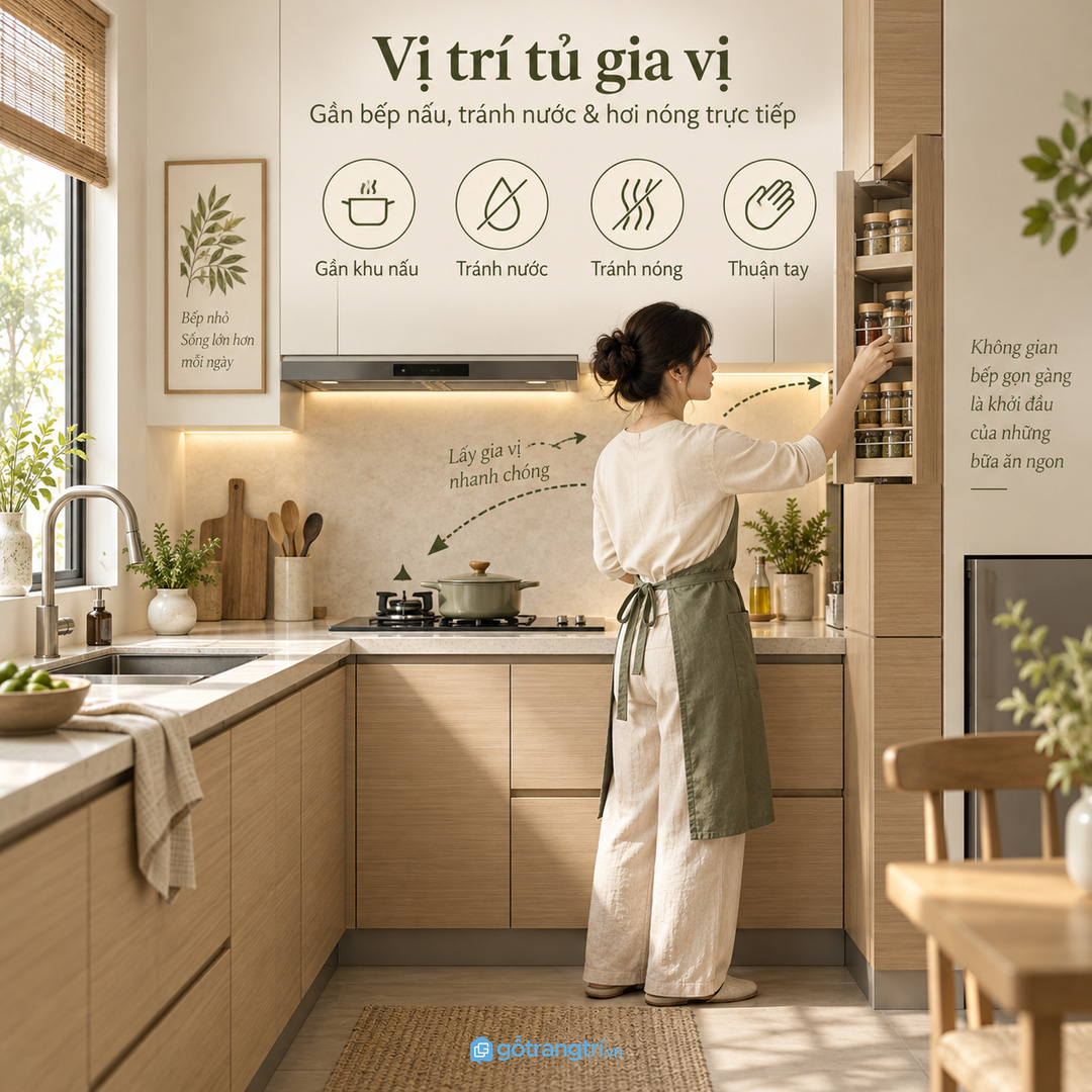 Vị trí tủ nên gần bếp nấu nhưng tránh hơi nóng và nước bắn trực tiếp