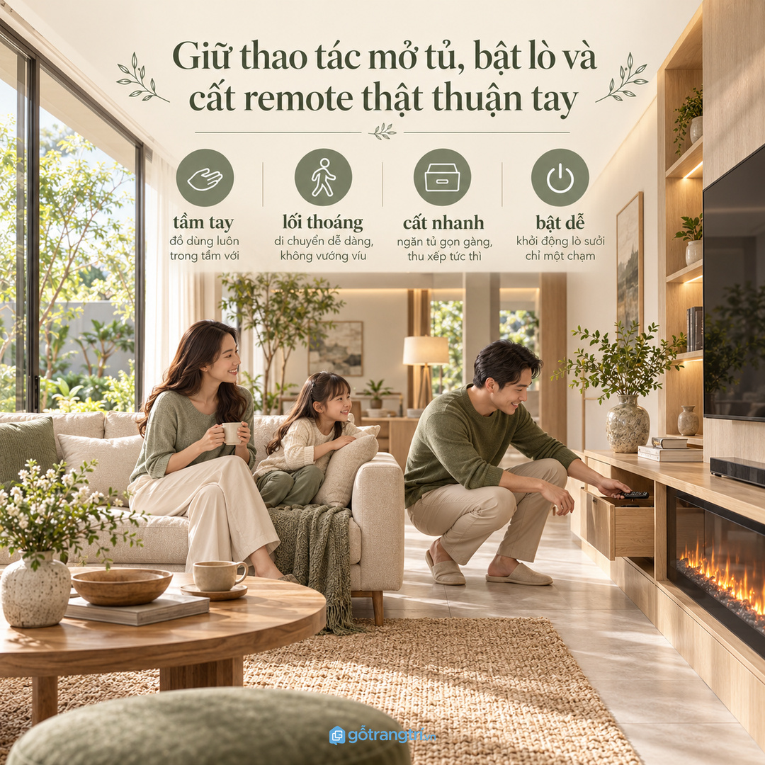 Tầm với thuận tay giúp cả nhà bật lò và cất remote dễ hơn