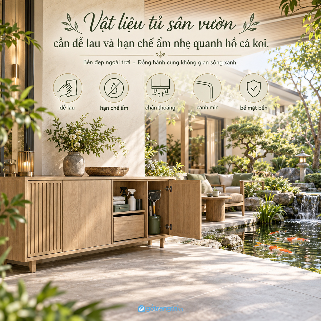 Vật liệu tủ sân vườn cần dễ lau và hạn chế ẩm nhẹ quanh hồ cá koi