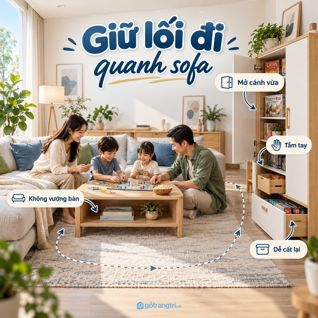 Giữ lối đi quanh sofa khi mở cánh hoặc kéo hộc tủ