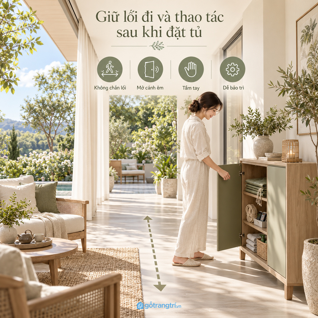 Tủ đặt đúng vị trí giúp mở cánh không chắn lối đi và bảo trì dễ hơn