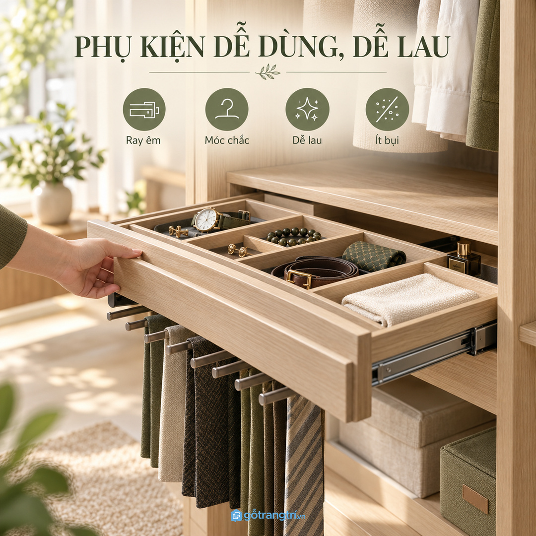 Ray kéo móc treo và vật liệu dễ lau giúp tủ phụ kiện dùng bền hơn