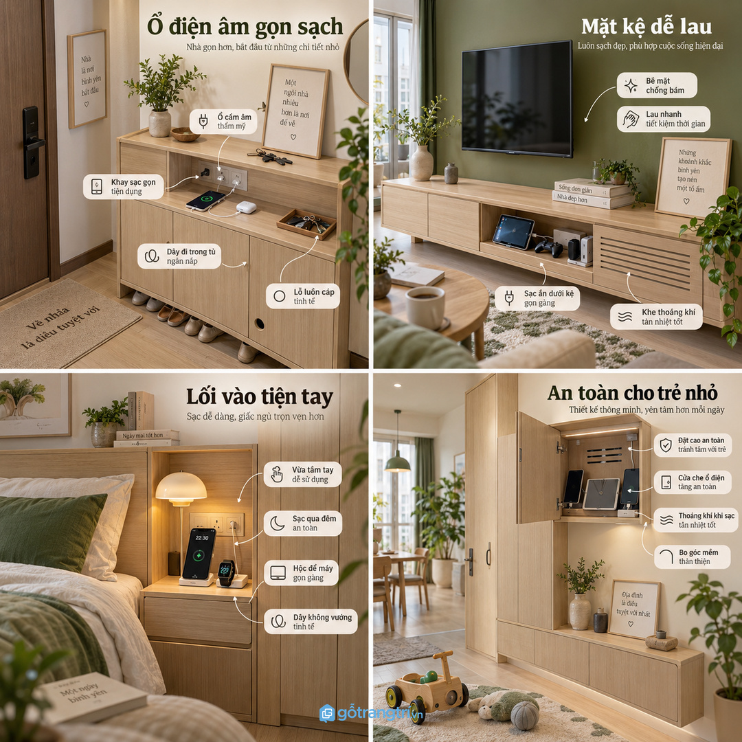 Vật liệu dễ lau giúp khu sạc sạch bụi và ít bám dấu tay