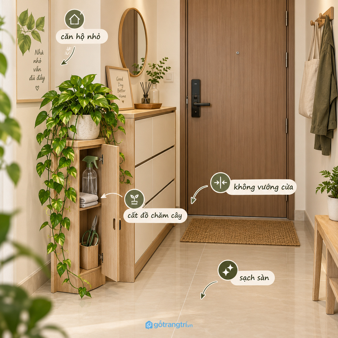 Căn hộ nhỏ cần kệ cây không cản cửa và không vướng robot hút bụi