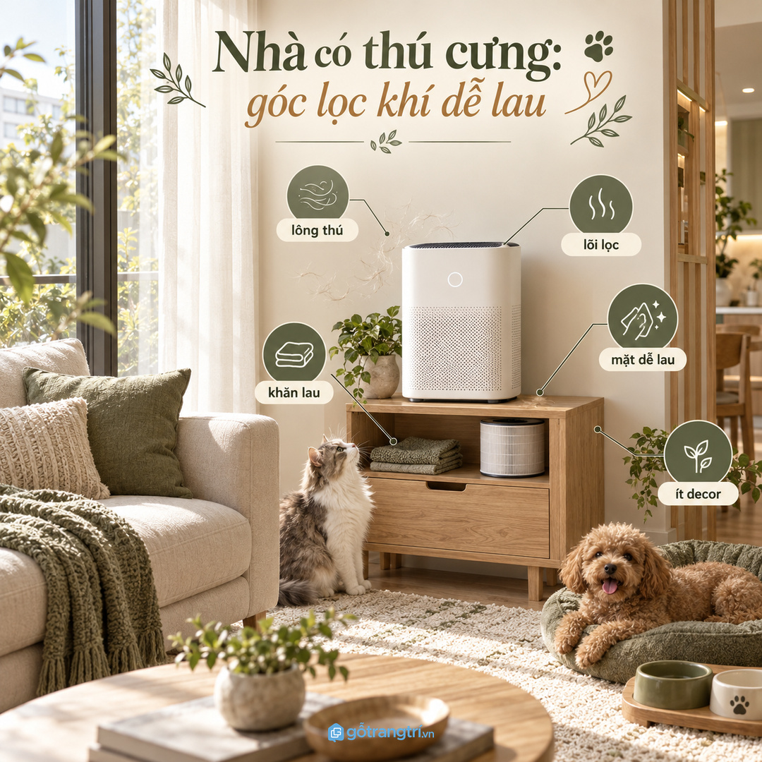 Góc lọc khí có thú cưng vẫn gọn khi phụ kiện và khăn lau có chỗ cất rõ