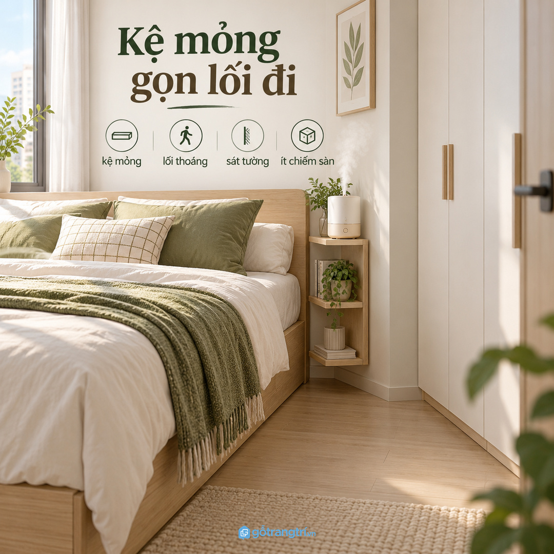 Phòng ngủ chung cư hợp kệ mỏng để giữ lối đi cạnh giường
