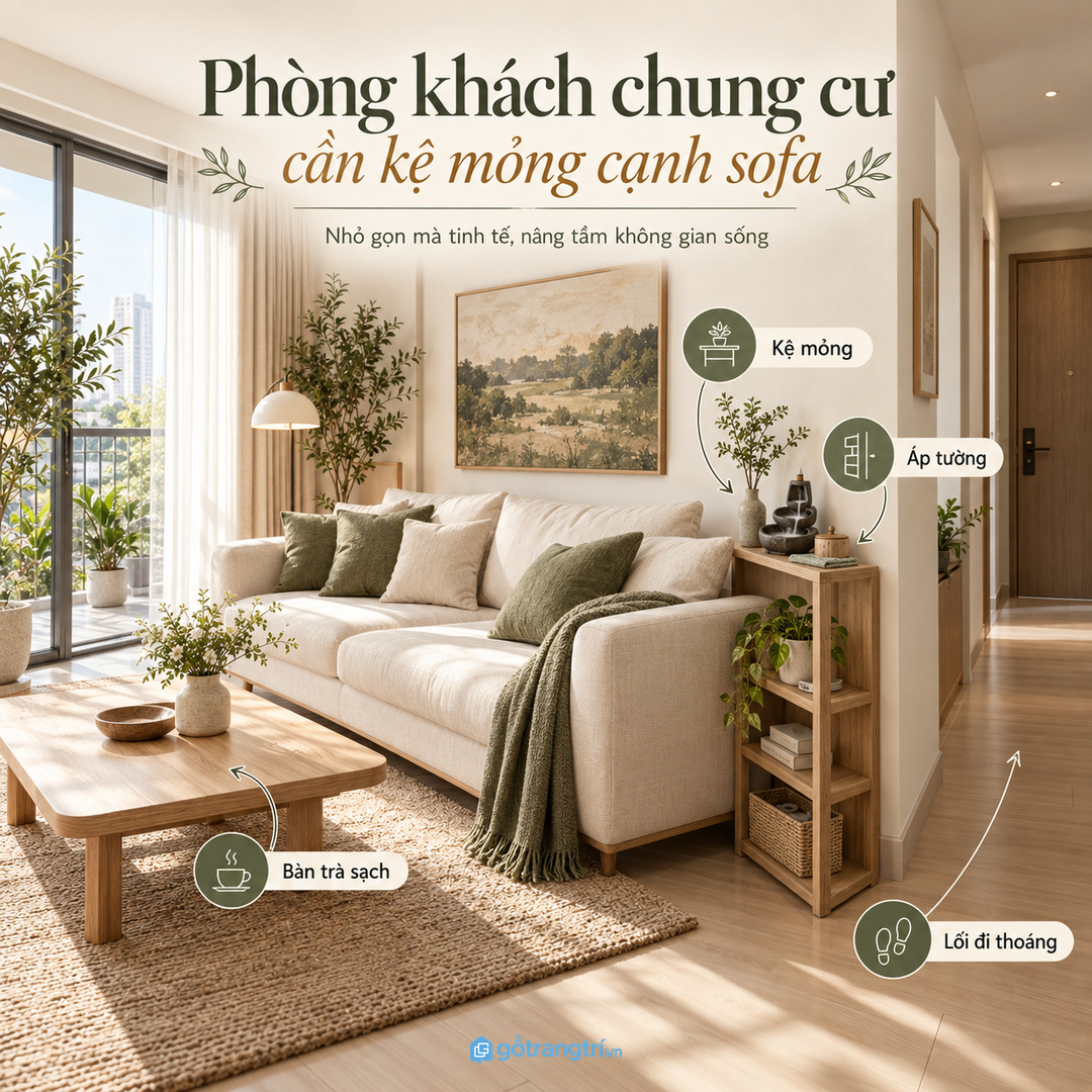 Phòng khách chung cư hợp kệ mỏng áp tường cạnh sofa