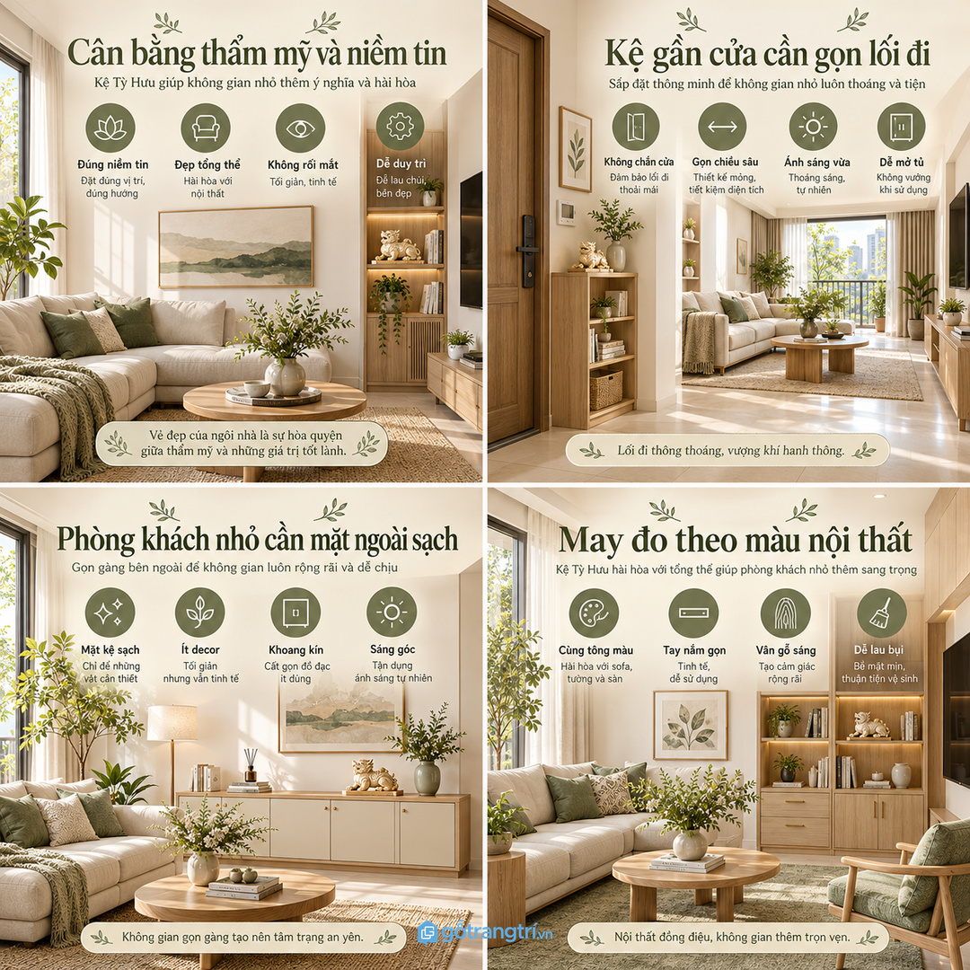 Phòng khách nhỏ cần kệ mỏng mặt ngoài sạch và ít decor