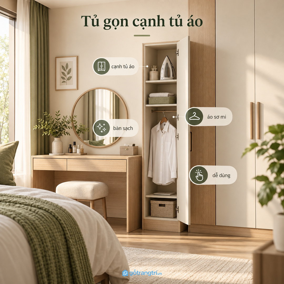 Phòng ngủ vợ chồng hợp tủ nhỏ cạnh tủ áo hoặc bàn trang điểm