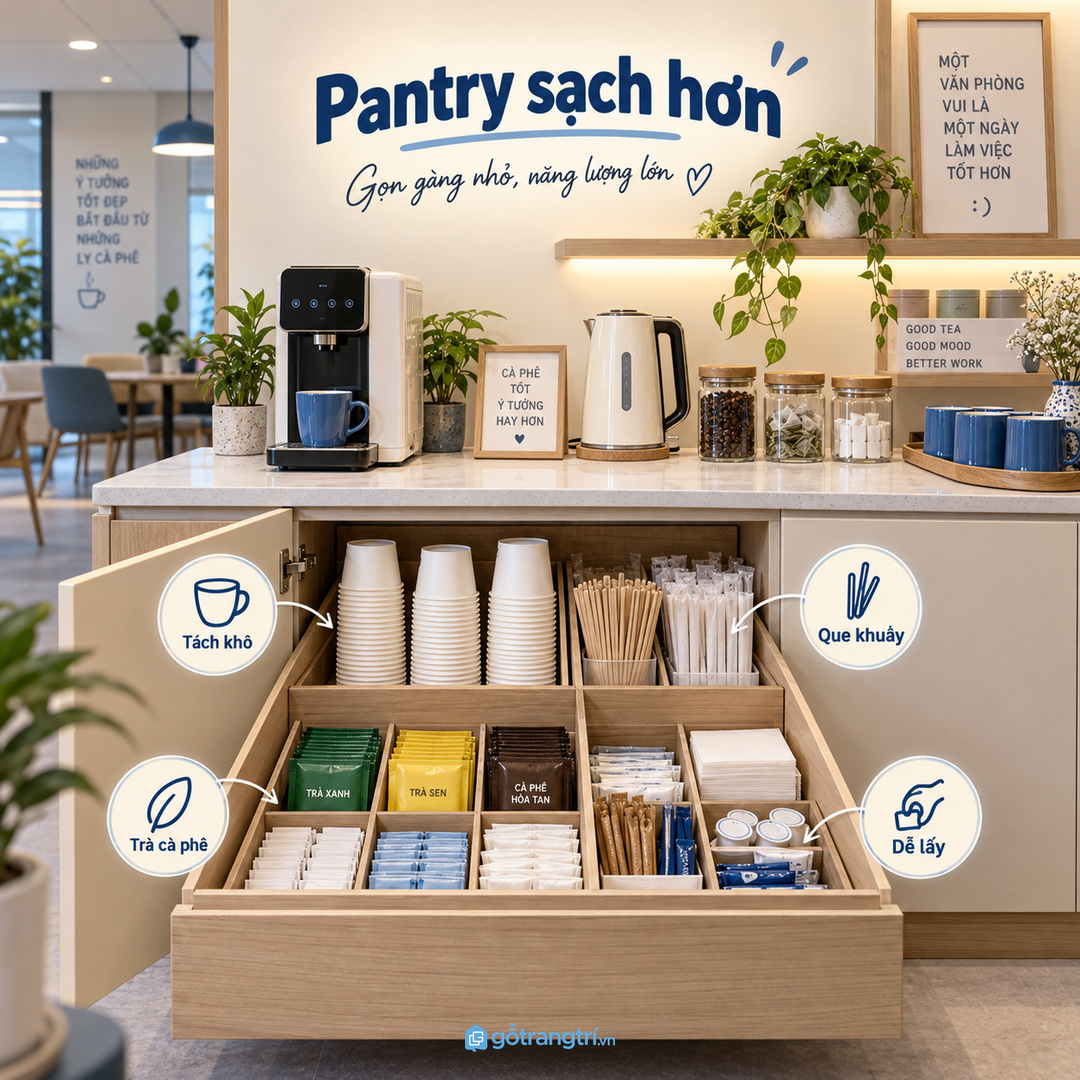 Tủ mỏng cạnh phòng họp giúp lấy cốc nhanh mà không cản lối đi