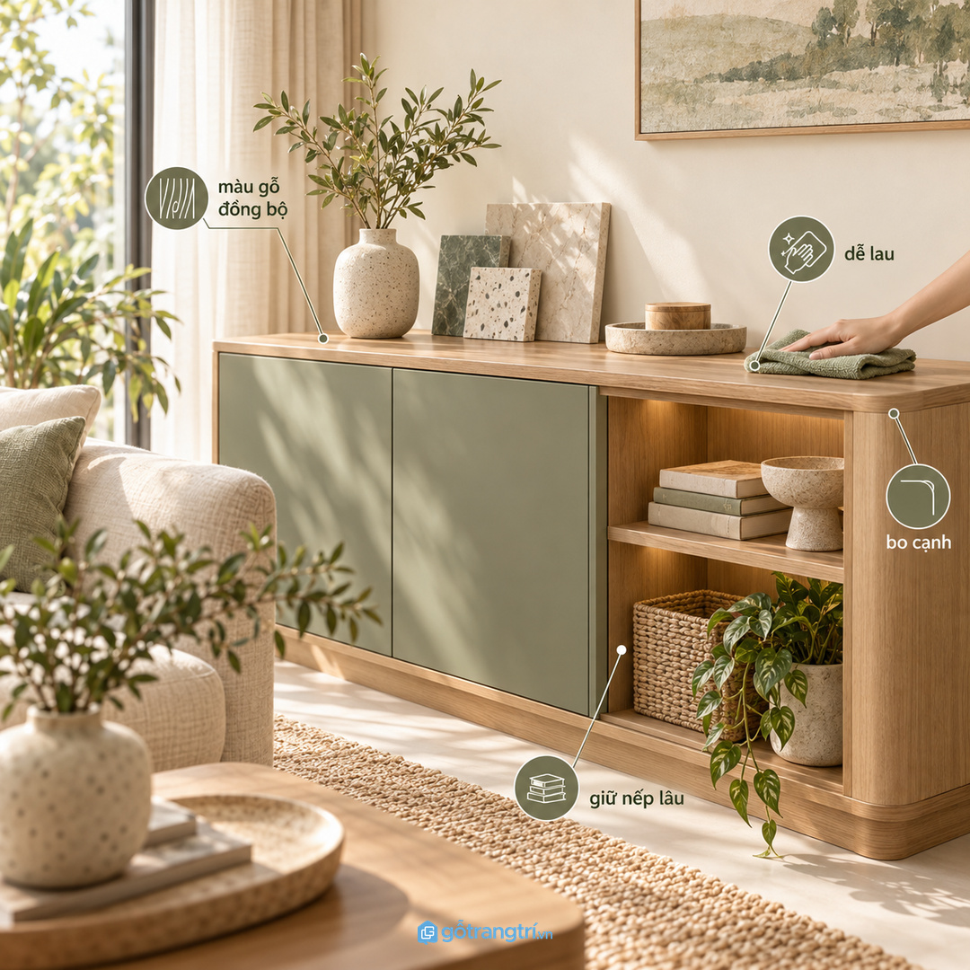 Màu gỗ và vật liệu dễ lau giúp góc trưng bày giữ nếp lâu hơn