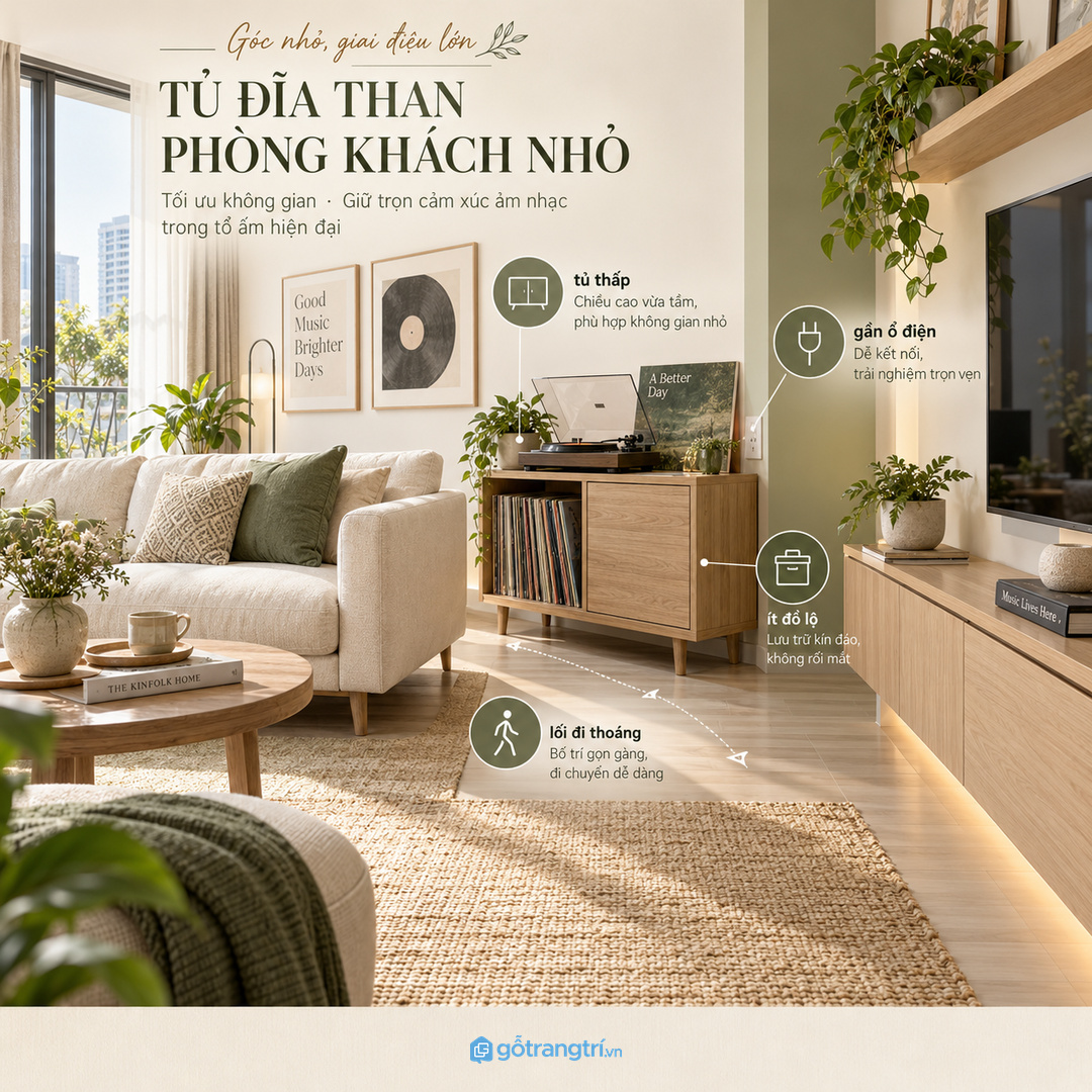 Căn hộ nhỏ hợp tủ thấp cạnh sofa hoặc kệ tivi để giữ lối đi thoáng
