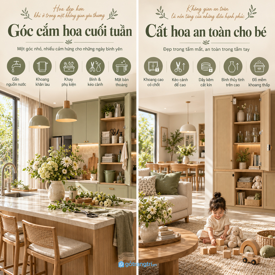 Góc cắm hoa phòng khách nên đóng lại vẫn đẹp như một tủ decor