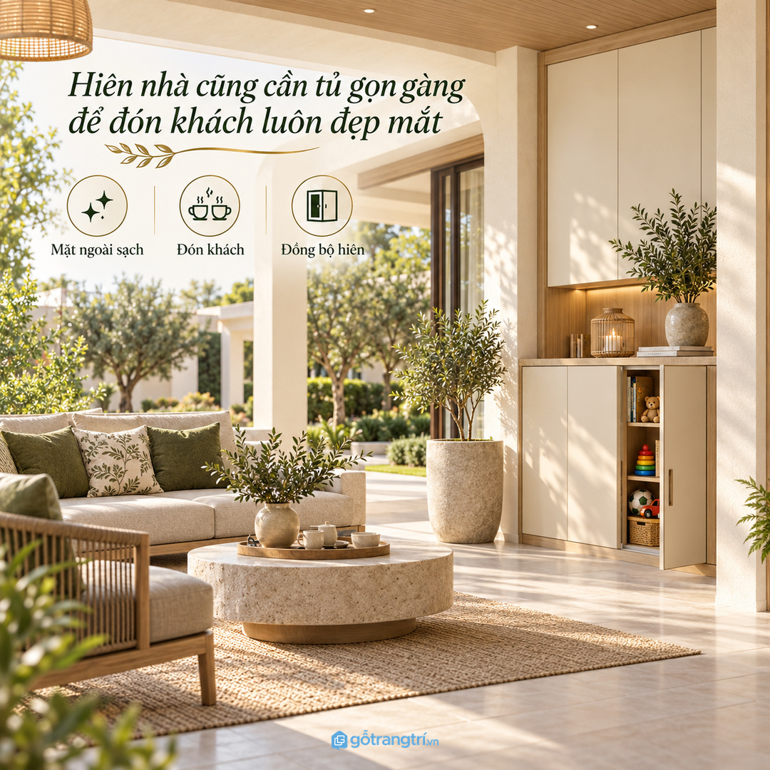 Hiên biệt thự cần tủ kín gọn để đón khách vẫn sạch mắt