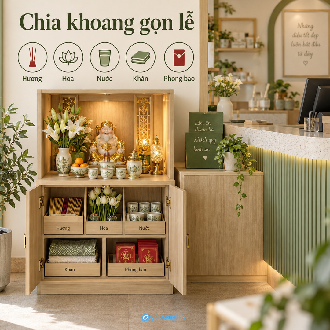Vật liệu dễ lau giúp khu Thần Tài sạch bụi và giữ nếp lâu hơn