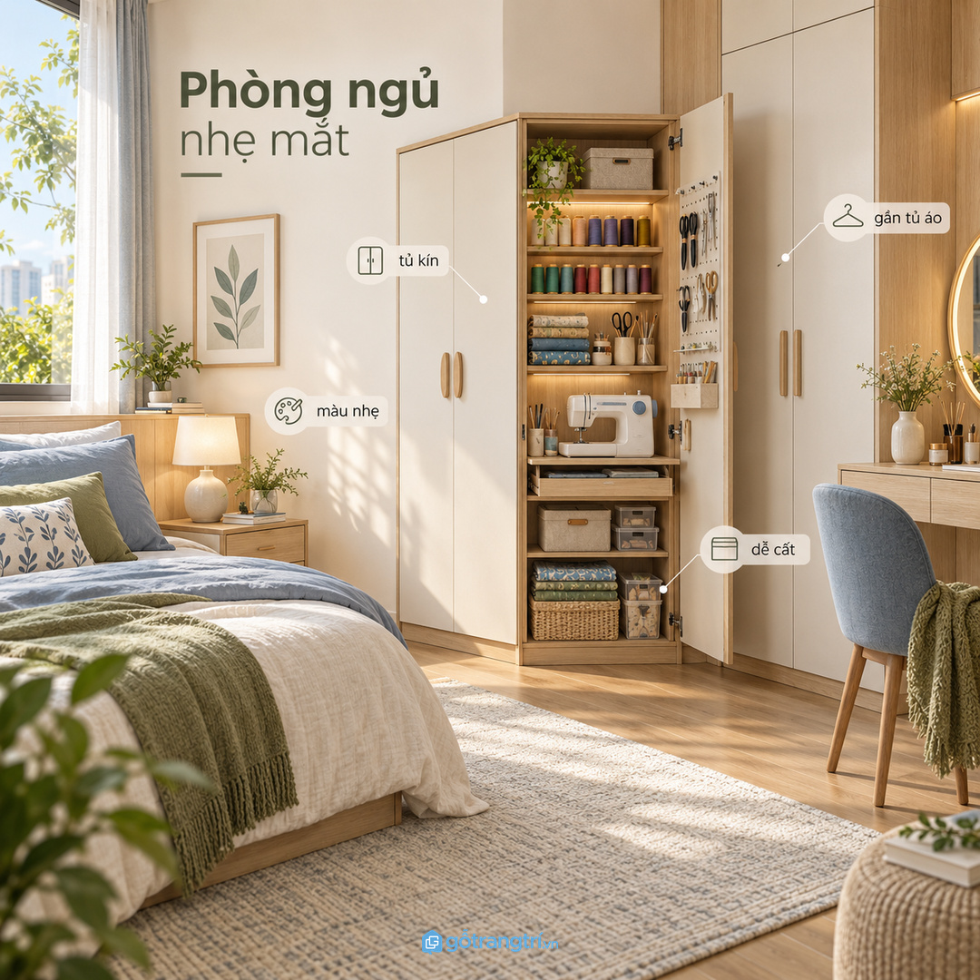 Góc may vá phòng ngủ cần tủ kín nhẹ mắt