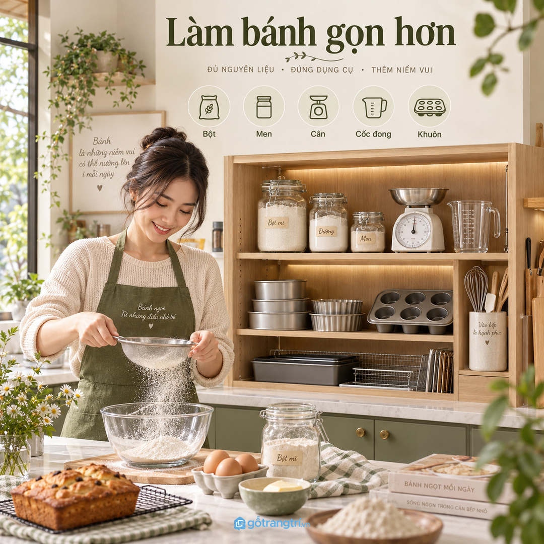 Đặt tủ gần khu sơ chế để cân đong nhanh nhưng không chiếm mặt bàn chính