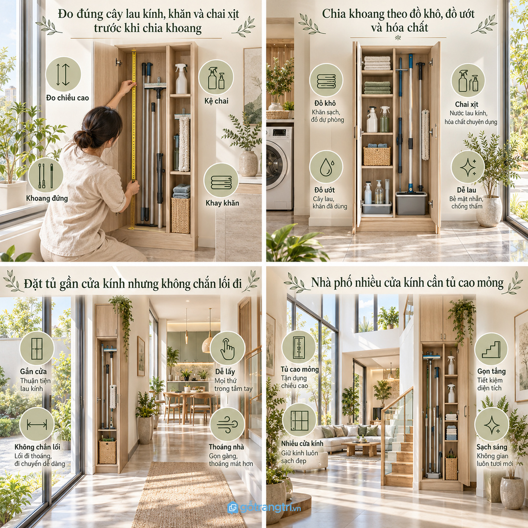 Nhà phố nhiều cửa kính cần tủ cao mỏng để gọn theo chiều đứng