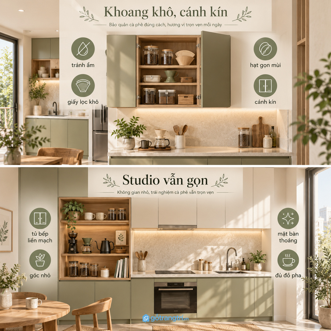 Căn hộ studio hợp góc cà phê nhỏ nằm trong hệ tủ bếp