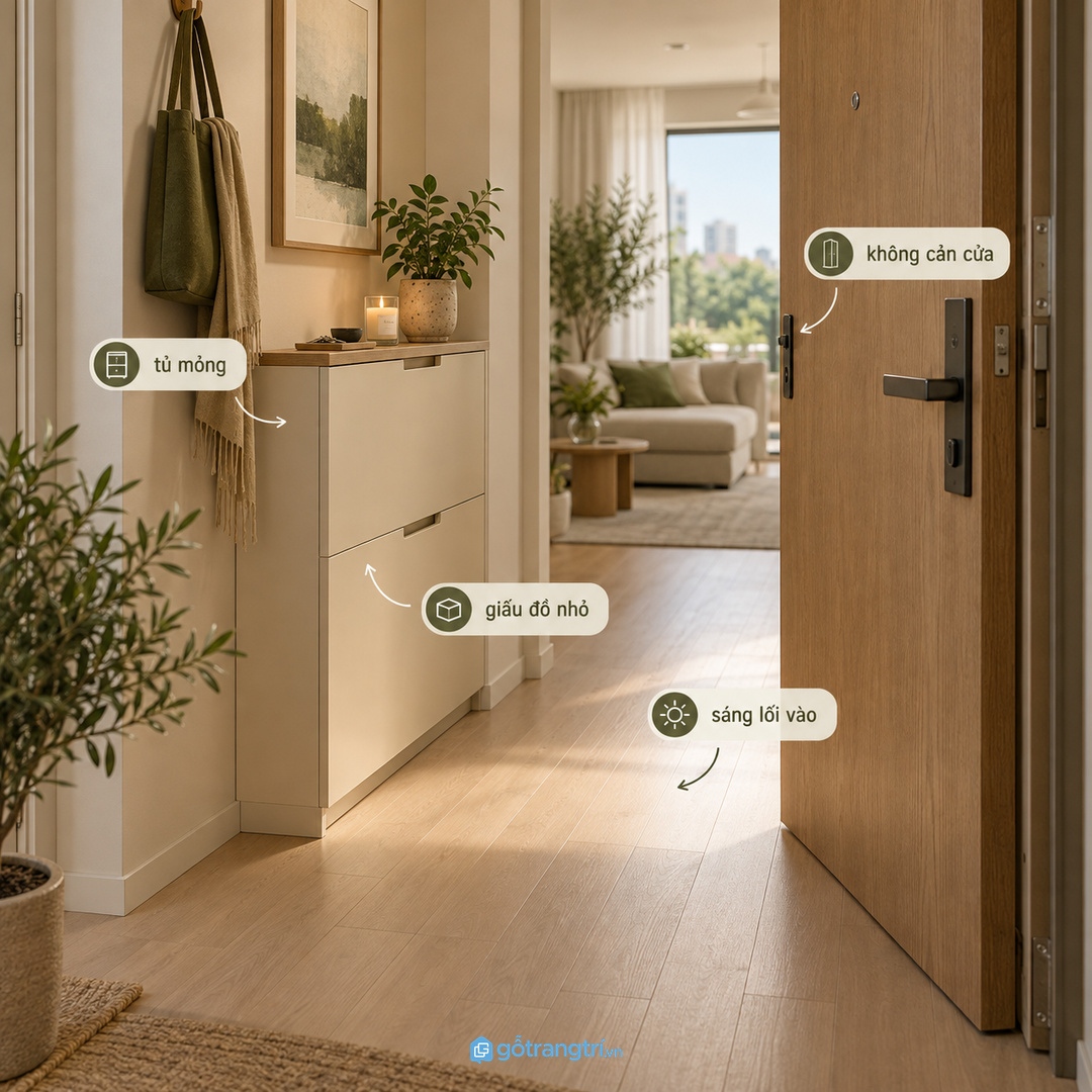 Căn hộ nhỏ hợp tủ mỏng, kín vừa đủ và không cản cửa