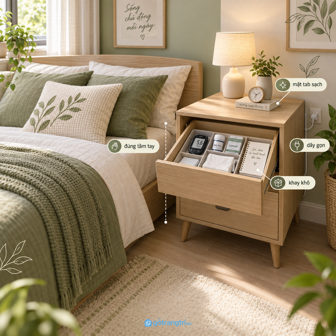Vật liệu dễ lau và màu dịu giúp góc chăm sóc sức khỏe không giống tủ thuốc lạnh