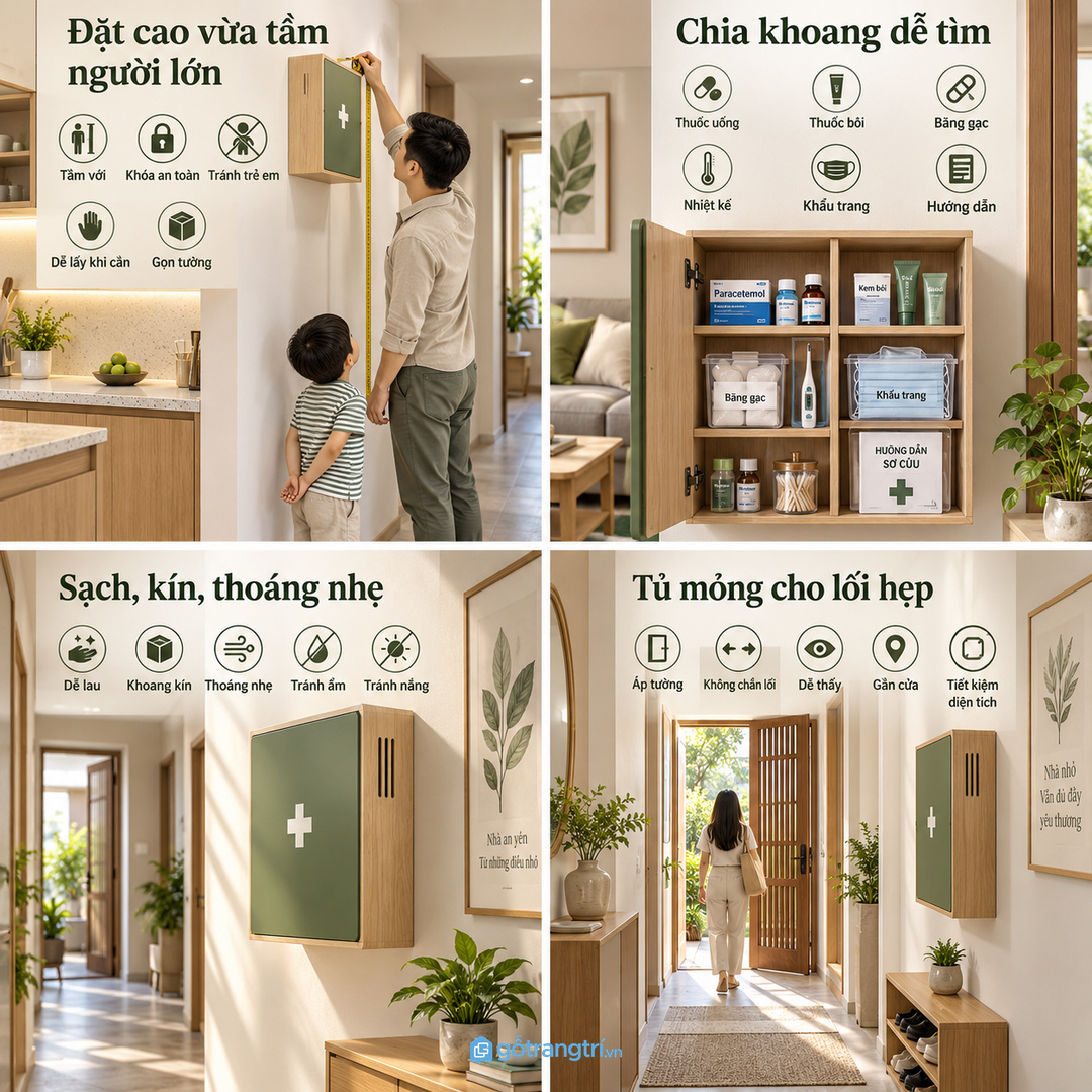 Nhà phố hẹp hợp tủ hồ sơ y tế mỏng đặt gần lối vào mà không chắn lối đi