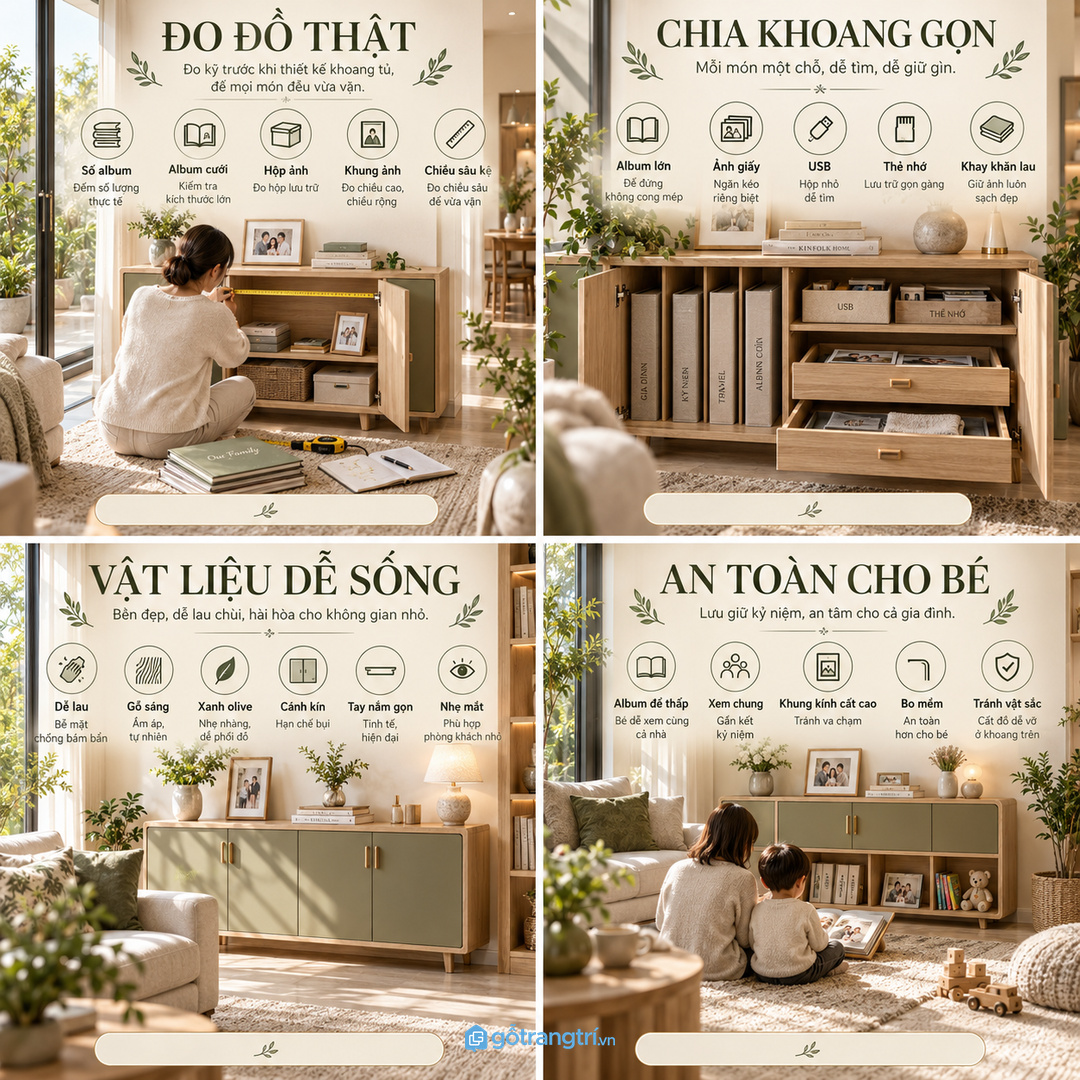 Căn hộ nhỏ hợp tủ thấp cạnh sofa hoặc kệ tivi để giữ lối đi thoáng