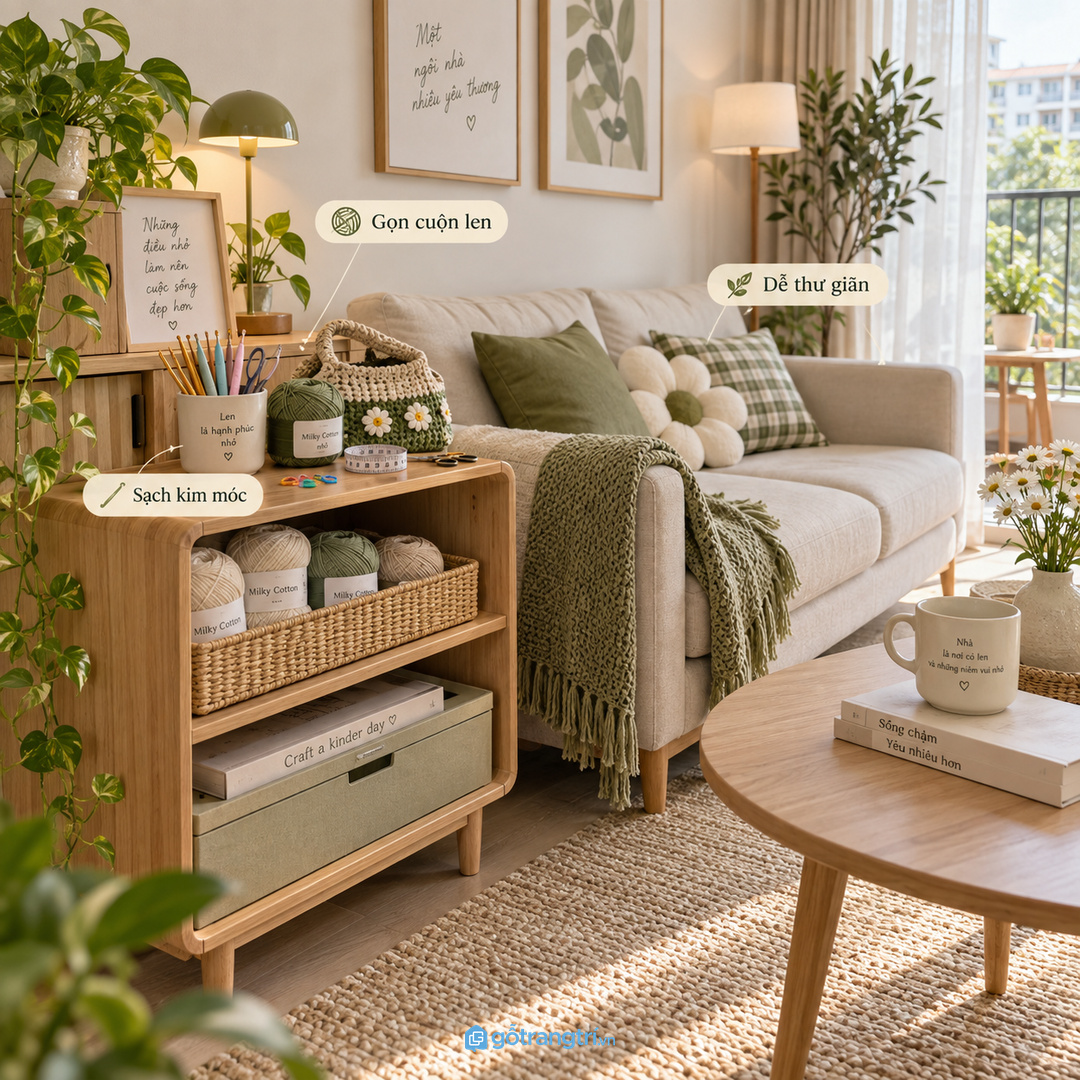 Cạnh sofa hợp tủ thấp dễ lấy nhưng không cản lối đi