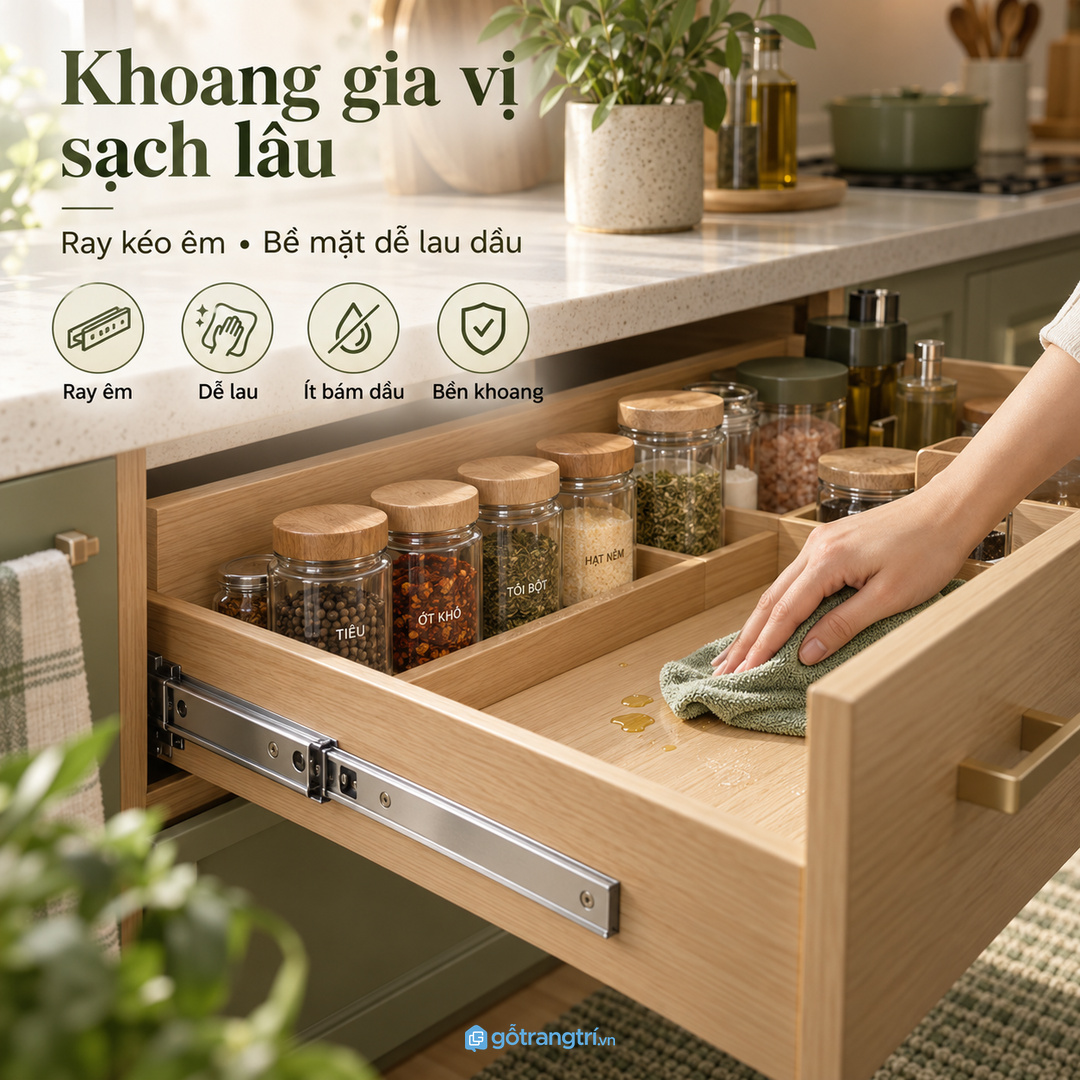Ray kéo và vật liệu dễ lau giúp khoang gia vị sạch hơn khi bám dầu