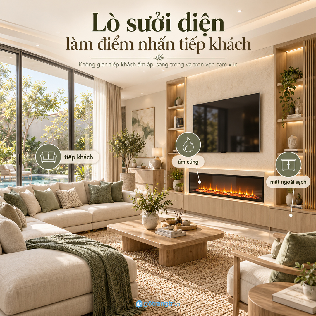 Phòng khách biệt thự dùng lò sưởi điện làm điểm nhấn tiếp khách