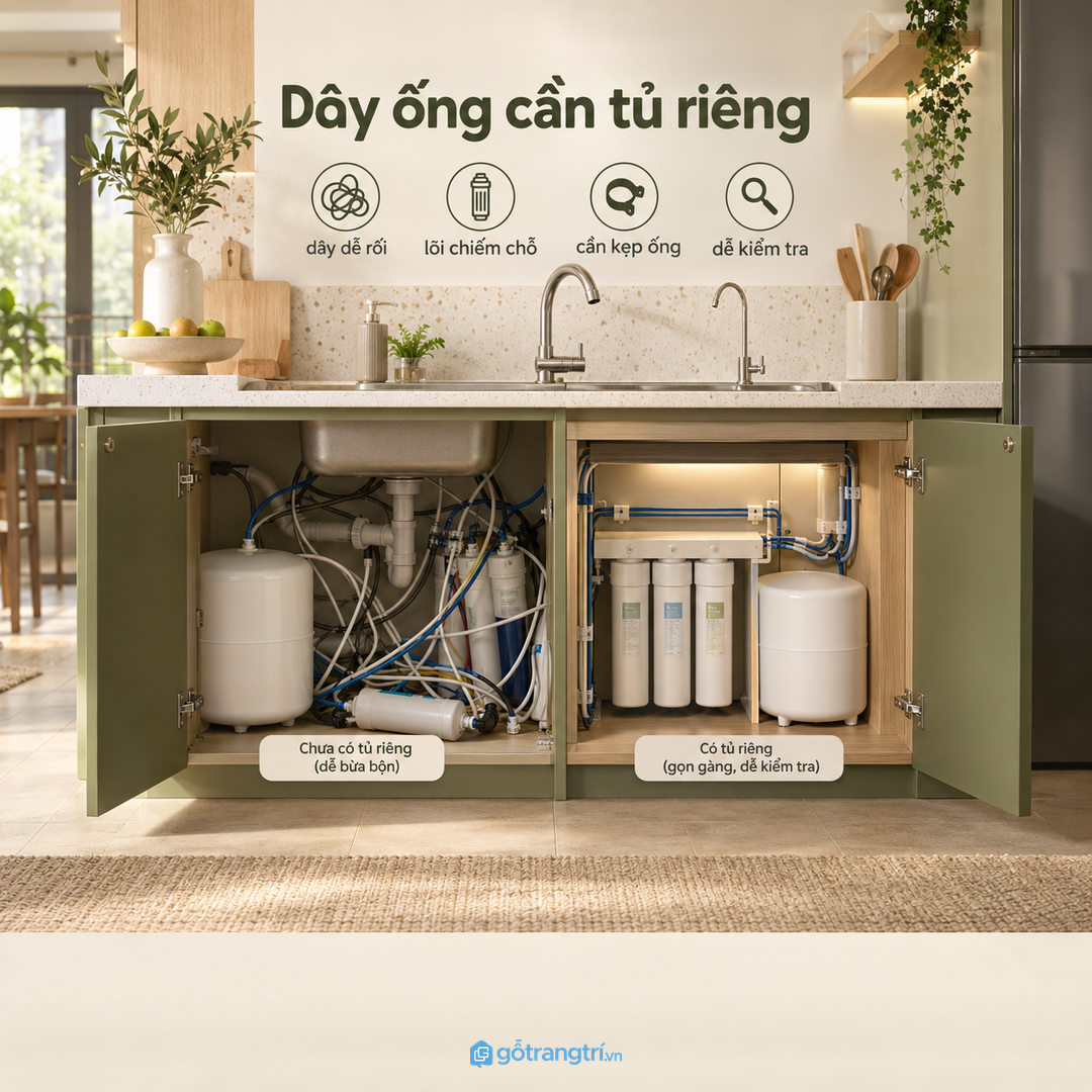 Dây ống gọn giúp khu dưới chậu dễ lau và ít vướng tay