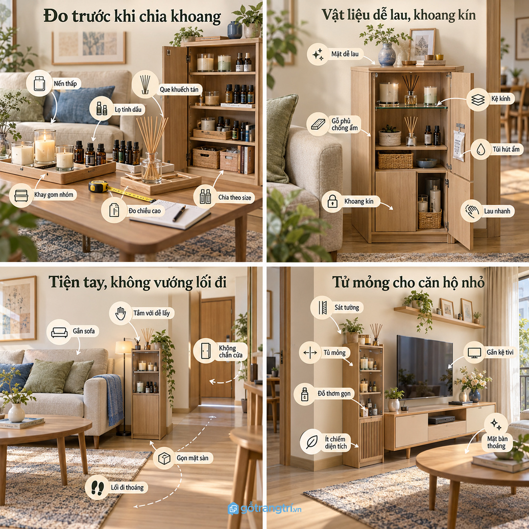 Ánh sáng dịu làm góc mùi hương có điểm nhấn mà không rối