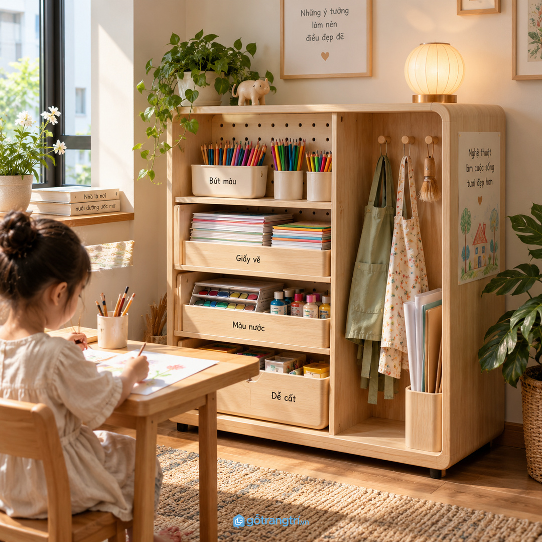 Hai bé dùng chung cần chia vùng rõ để dễ trả đồ về chỗ cũ