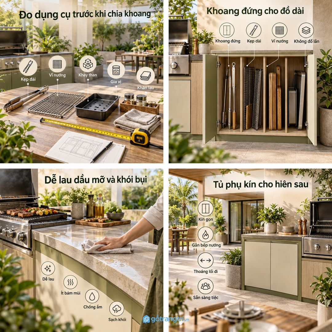 Góc BBQ ở hiên sau cần tủ phụ kín để chuẩn bị nhanh mà vẫn gọn