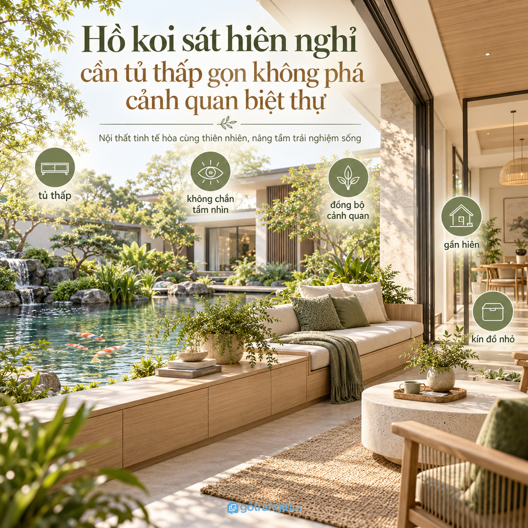 Hồ koi sát hiên nghỉ cần tủ thấp gọn không phá cảnh quan biệt thự