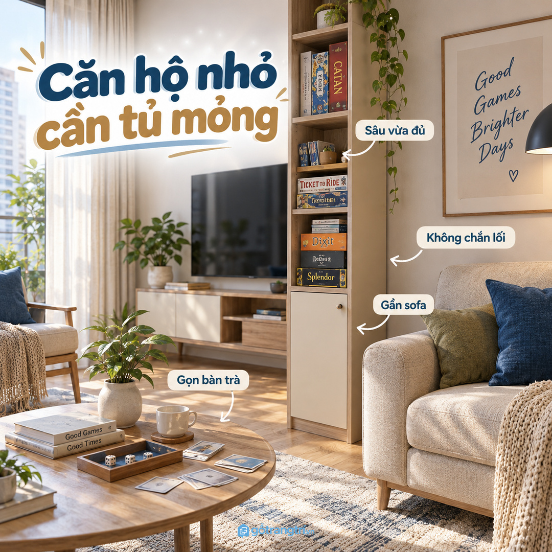 Căn hộ nhỏ hợp tủ mỏng gần sofa để bàn trà luôn thoáng