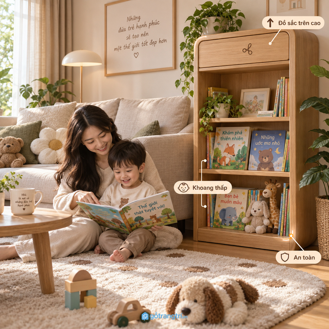 Căn hộ nhỏ nên tích hợp tủ sách vào kệ tivi hoặc module cạnh sofa
